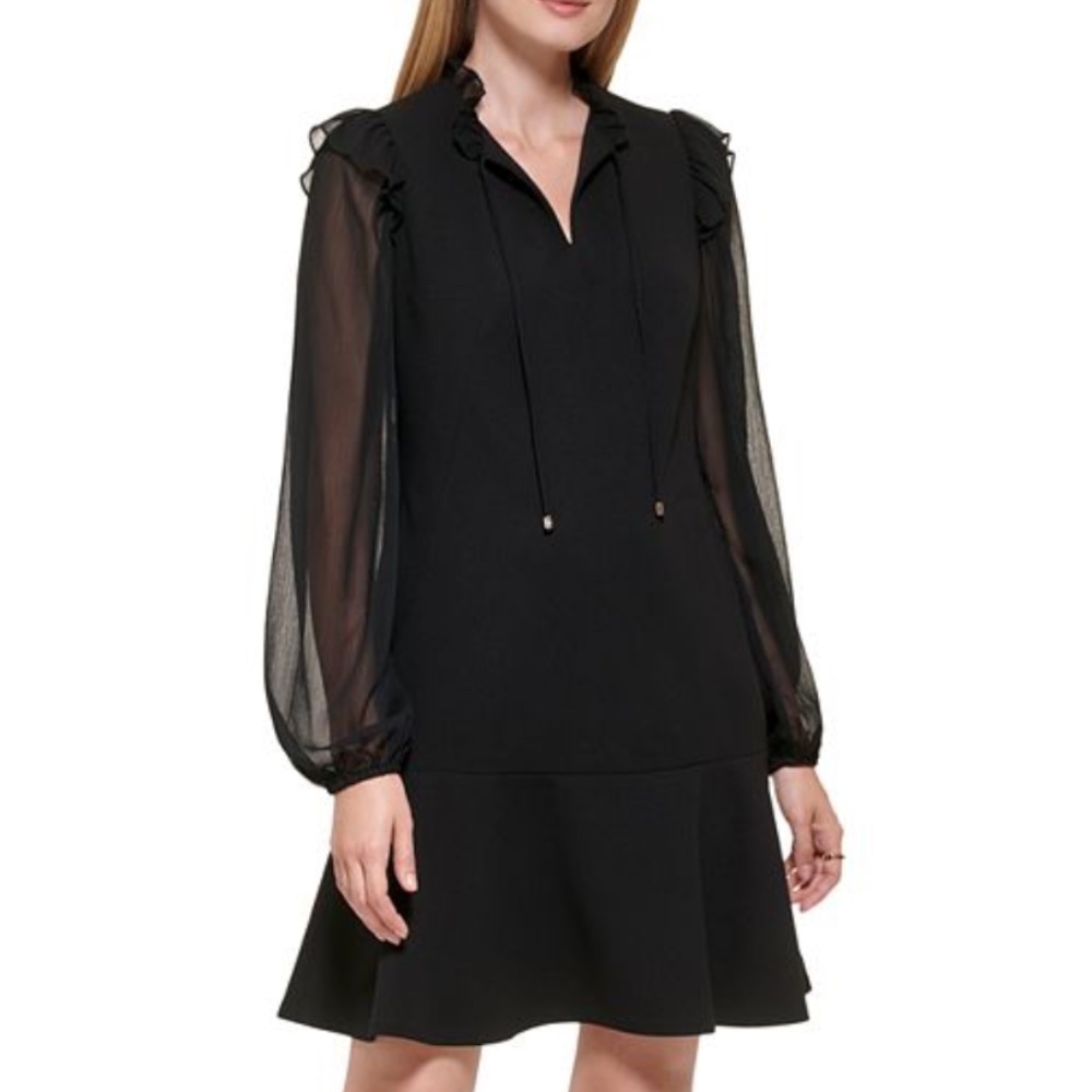 Tommy Hilfiger Keyhole Neckline Black Dress Chiffon Sleeves Ruffle Bottom 10